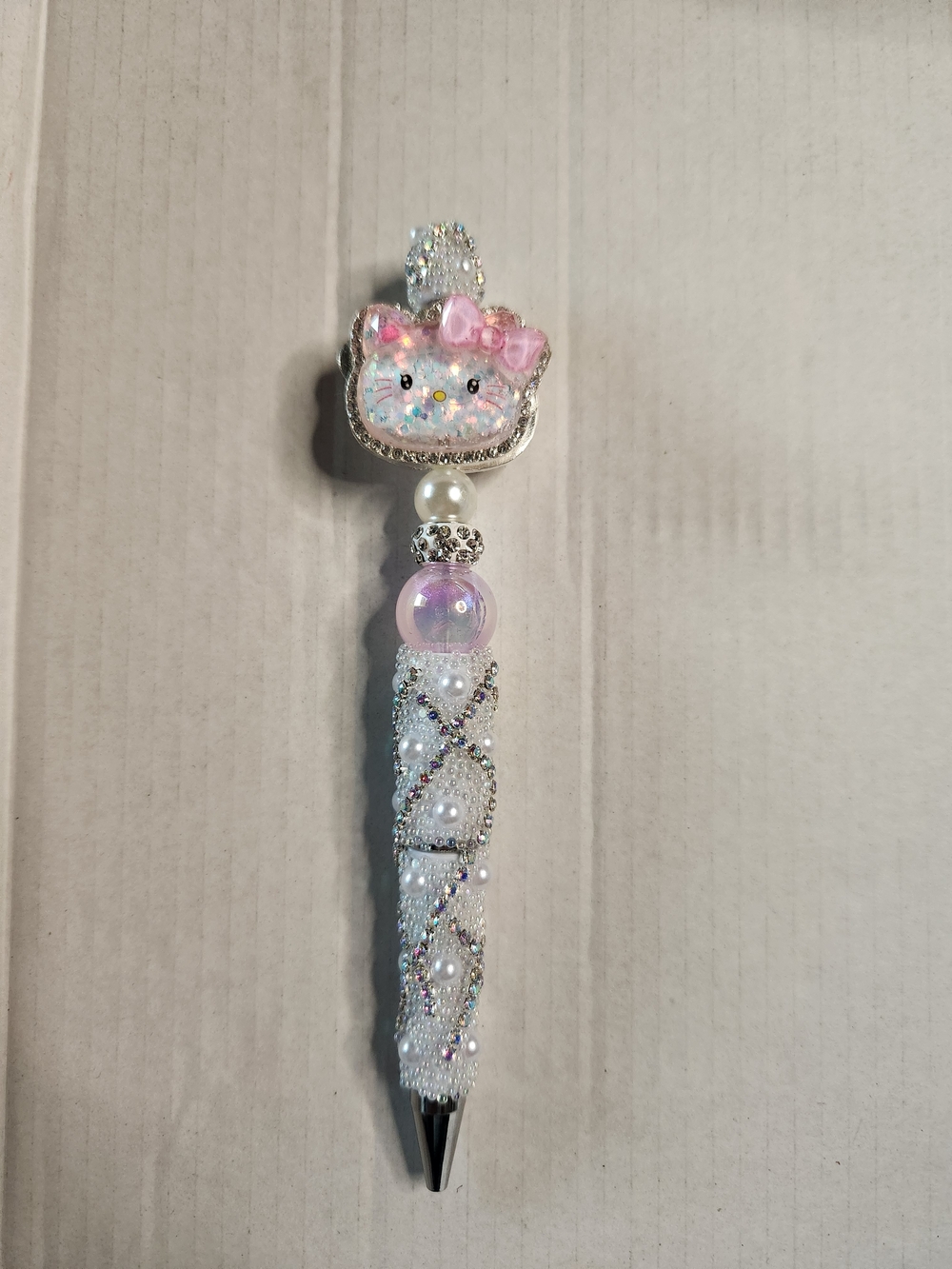 Cute Pink Cat Beaded Pen - Sparkly White & Pink